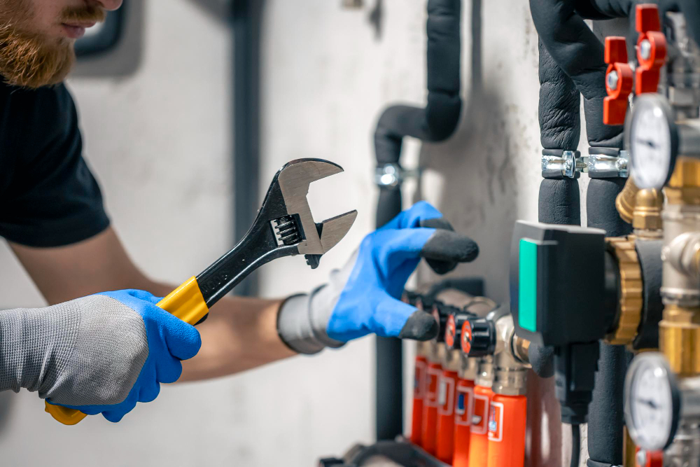 Zbliżenie na dłonie serwisanta w niebieskich rękawicach ochronnych, który używa klucza nastawnego przy instalacji hydraulicznej. W tle widoczne są rury w izolacji oraz manometry.