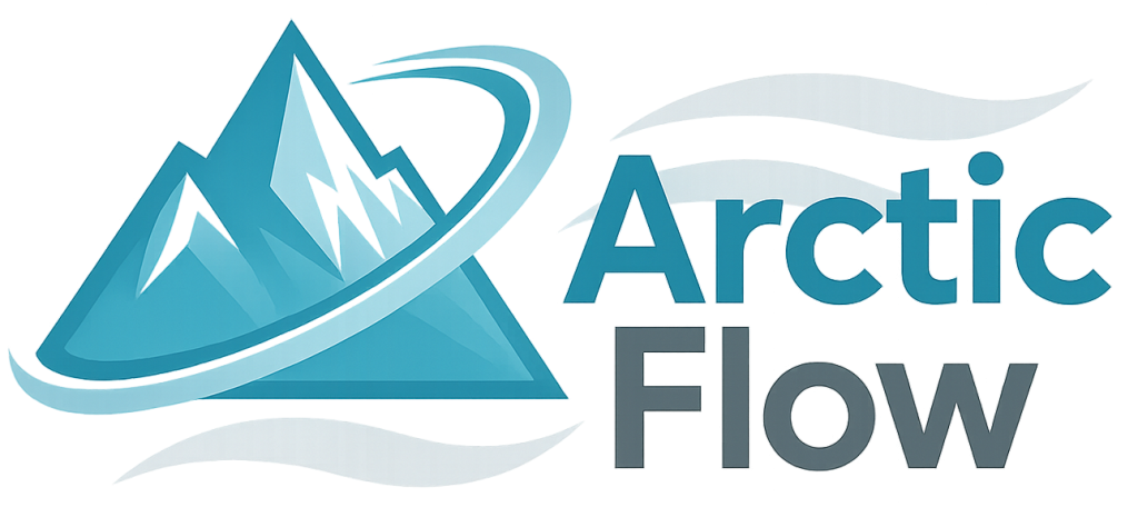 Logo "Arctic Flow" składające się z niebieskiego symbolu gór otoczonego kolistym ruchem powietrza. Nazwa firmy jest napisana dużymi literami: "Arctic" w kolorze turkusowym i "Flow" w kolorze szarym, z dodatkowymi smugami powietrza w tle.